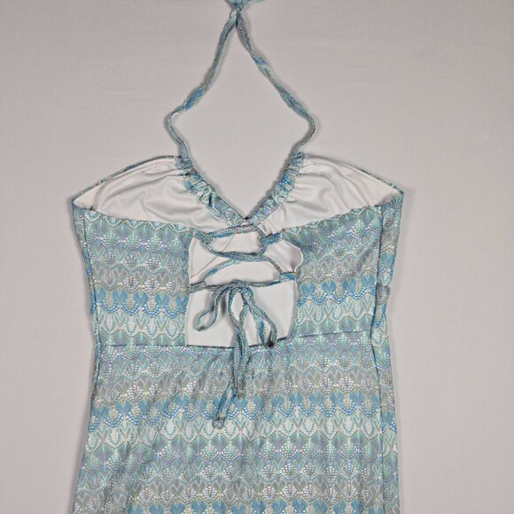 Wild‎ Fable Maxi Halter Dress M Blue Geometric Open Back Tie Slit Y2K Boho Chic - Picture 12 of 15